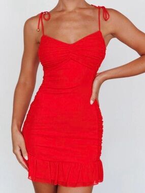 Selfie Leslie Red Ruched Tie-Shoulder Mini Dress